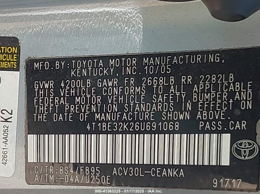 2006 TOYOTA CAMRY VIN: 4T1BE32K26U691068