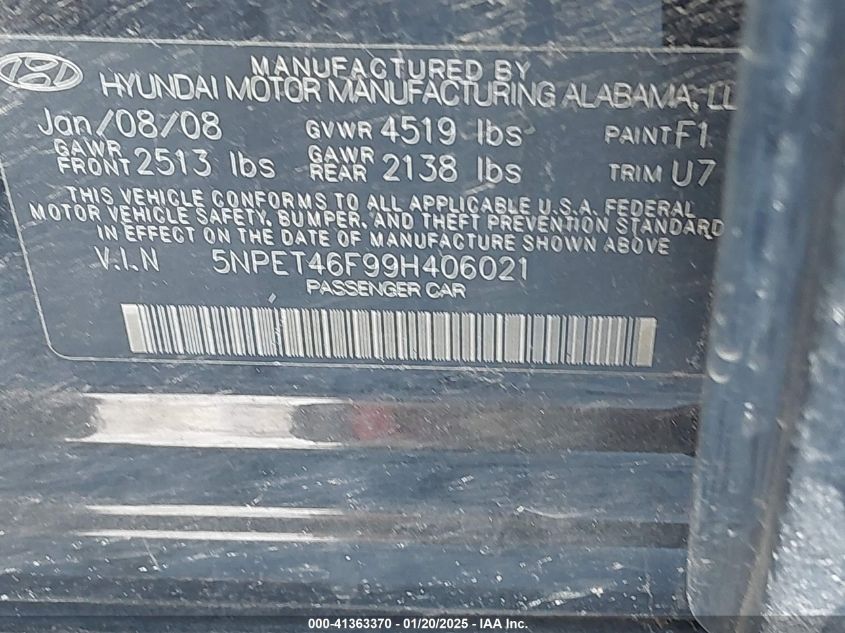 2009 Hyundai Sonata Gls V6 VIN: 5NPET46F99H406021 Lot: 41363370