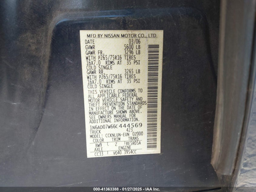 2006 NISSAN FRONTIER VIN: 1N6AD07W66C444569