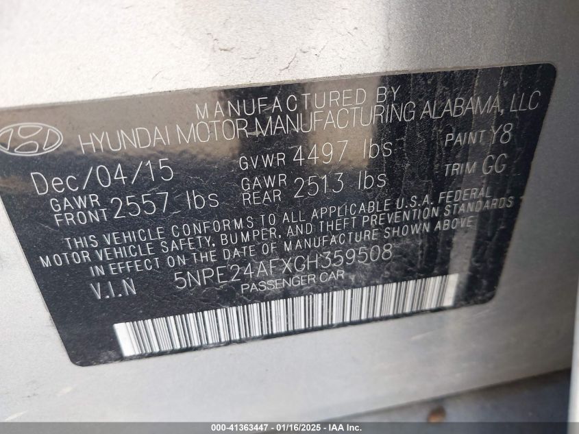 2016 Hyundai Sonata Se VIN: 5NPE24AFXGH359508 Lot: 41363447