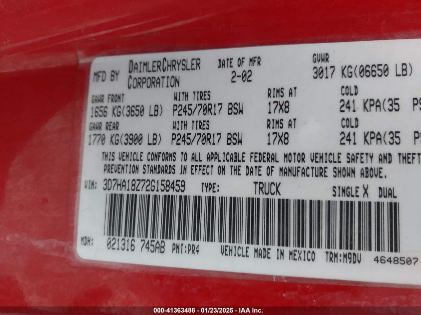 2002 Dodge Ram 1500 St VIN: 3D7HA18Z72G158459 Lot: 41363488