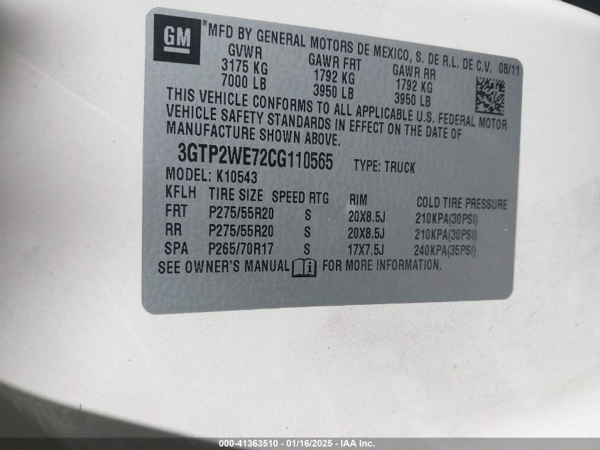 2012 GMC Sierra 1500 Slt VIN: 3GTP2WE72CG110565 Lot: 41363510