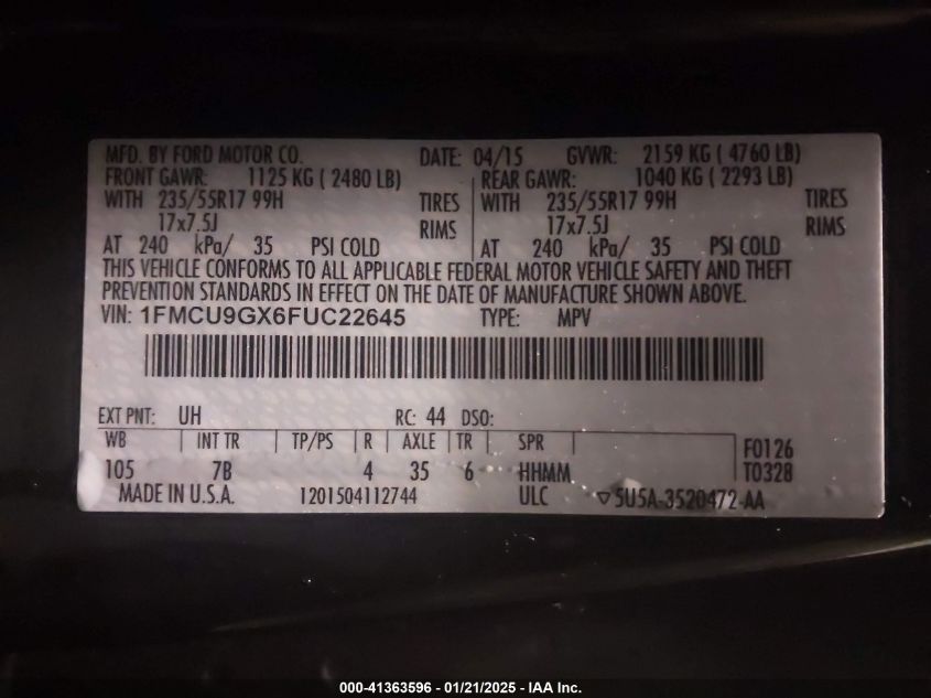 2015 Ford Escape Se VIN: 1FMCU9GX6FUC22645 Lot: 41363596