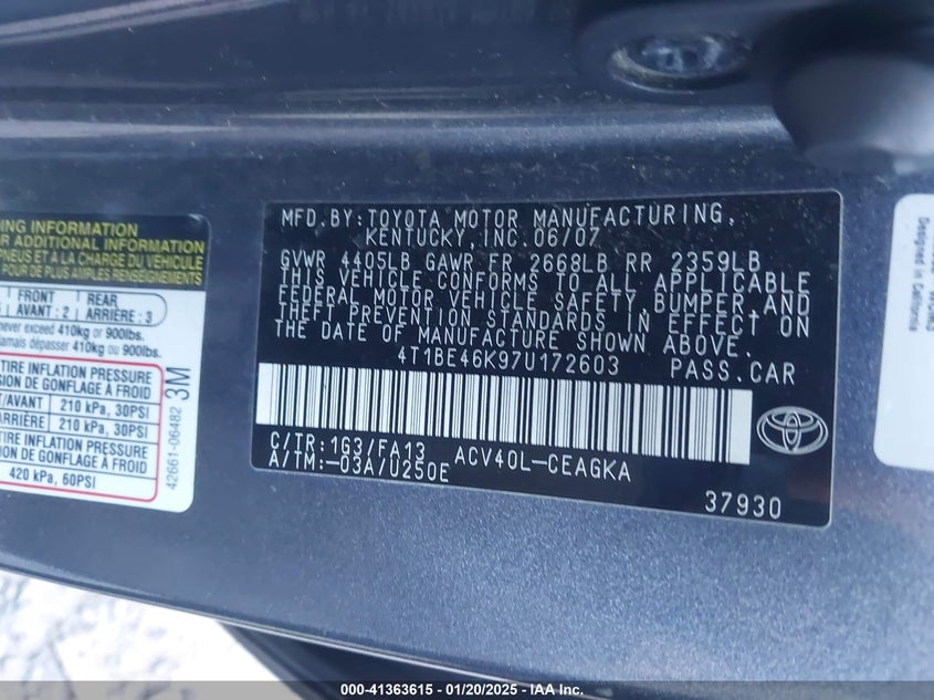 2007 TOYOTA CAMRY VIN: 4T1BE46K97U172603