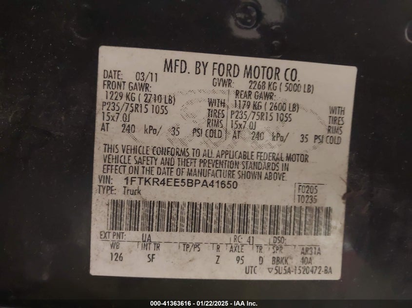 2011 FORD RANGER VIN: 1FTKR4EE5BPA41650