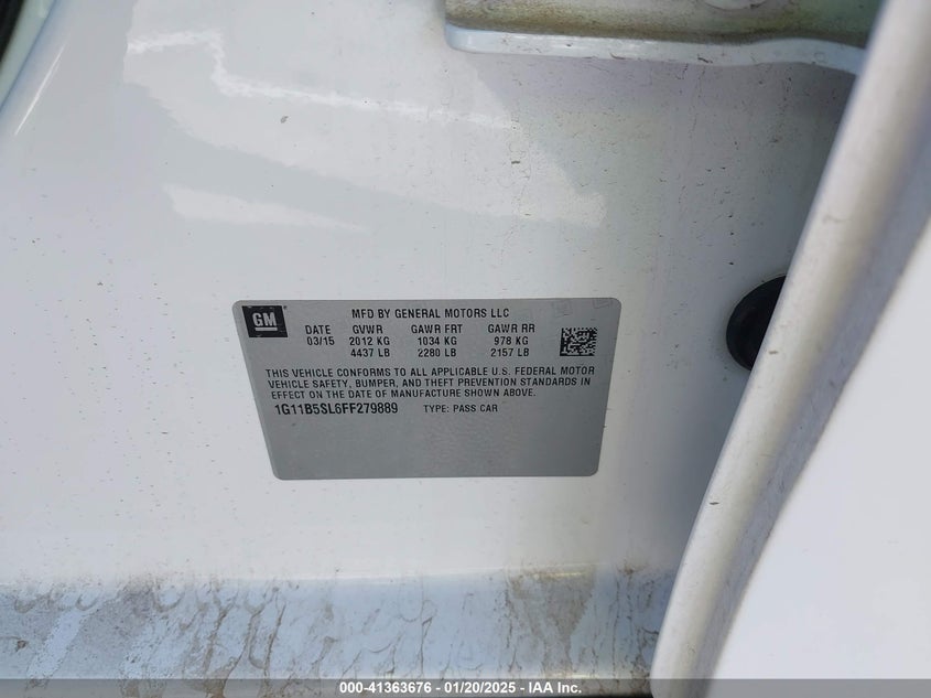 2015 CHEVROLET MALIBU VIN: 1G11B5SL6FF279889