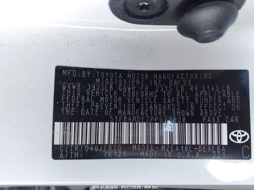 2023 TOYOTA COROLLA VIN: 5YFB4MDE7PP073828