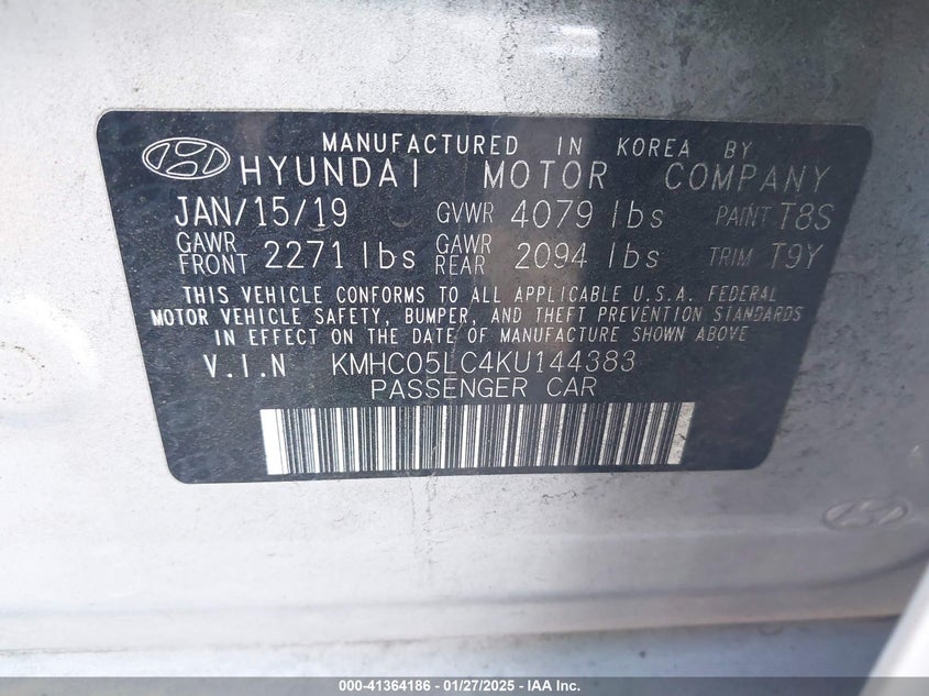 2019 HYUNDAI IONIQ HYBRID VIN: KMHC05LC4KU144383