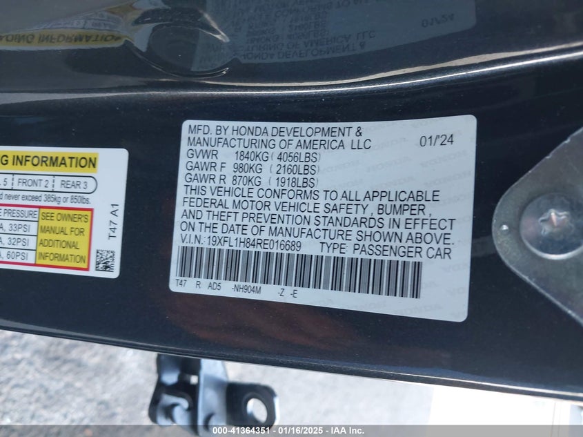 2024 HONDA CIVIC VIN: 19XFL1H84RE016689