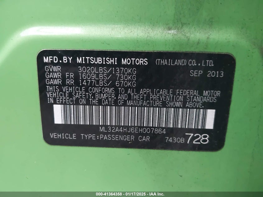 2014 MITSUBISHI MIRAGE VIN: ML32A4HJ6EH007864