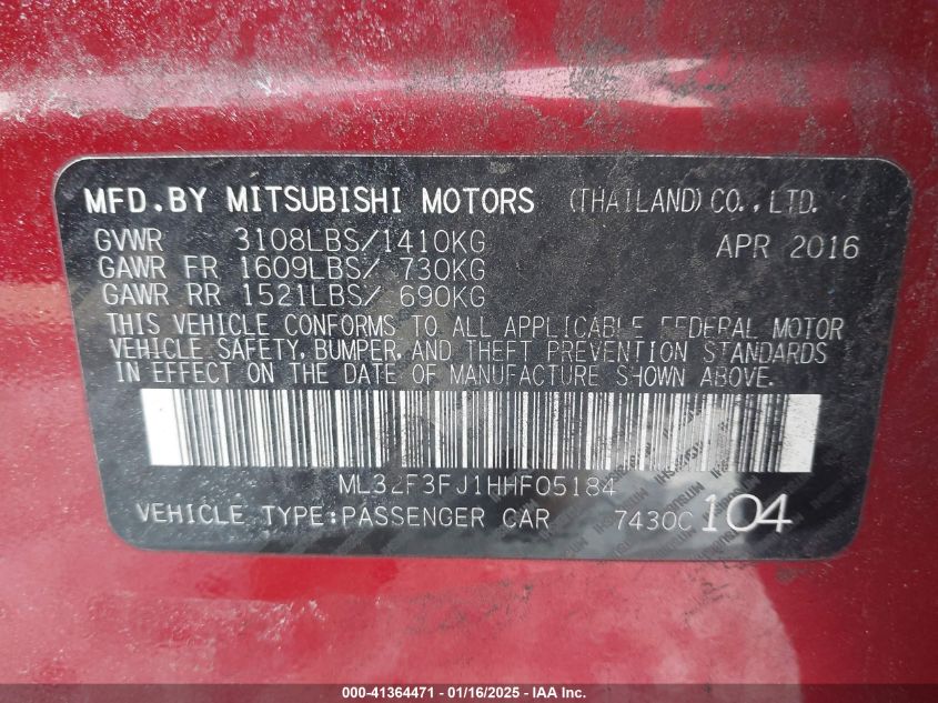 VIN ML32F3FJ1HHF05184 2017 Mitsubishi Mirage, G4 ES no.9