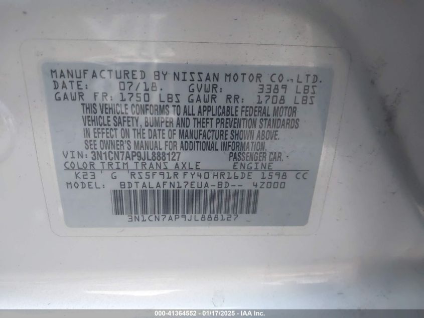 VIN 3N1CN7AP9JL888127 2018 Nissan Versa, 1.6 S no.9