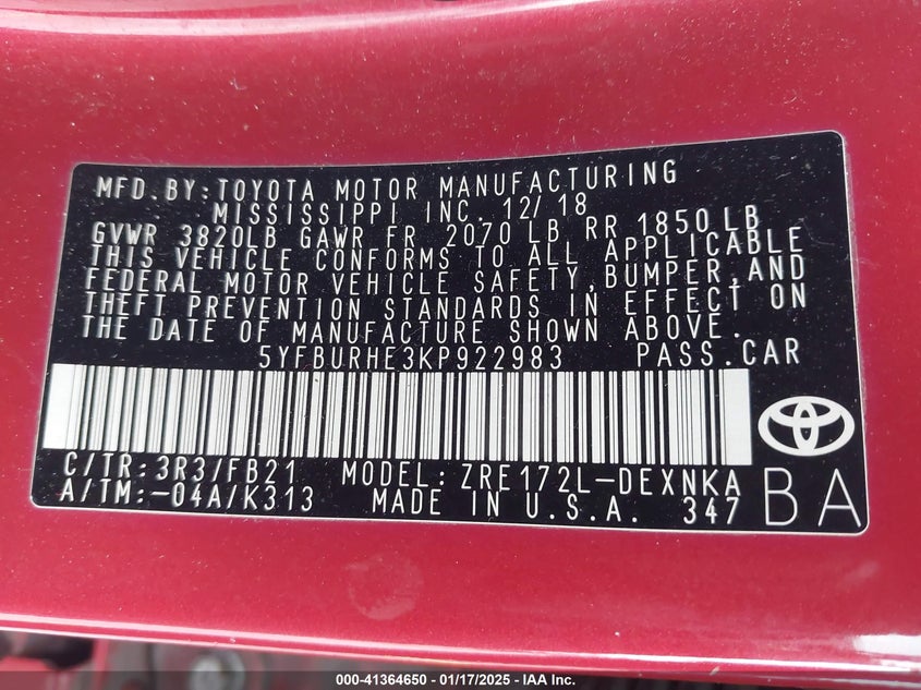 2019 TOYOTA COROLLA VIN: 5YFBURHE3KP922983