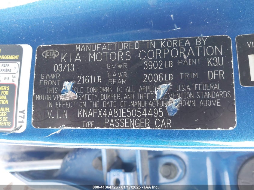 2014 KIA FORTE VIN: KNAFX4A81E5054495
