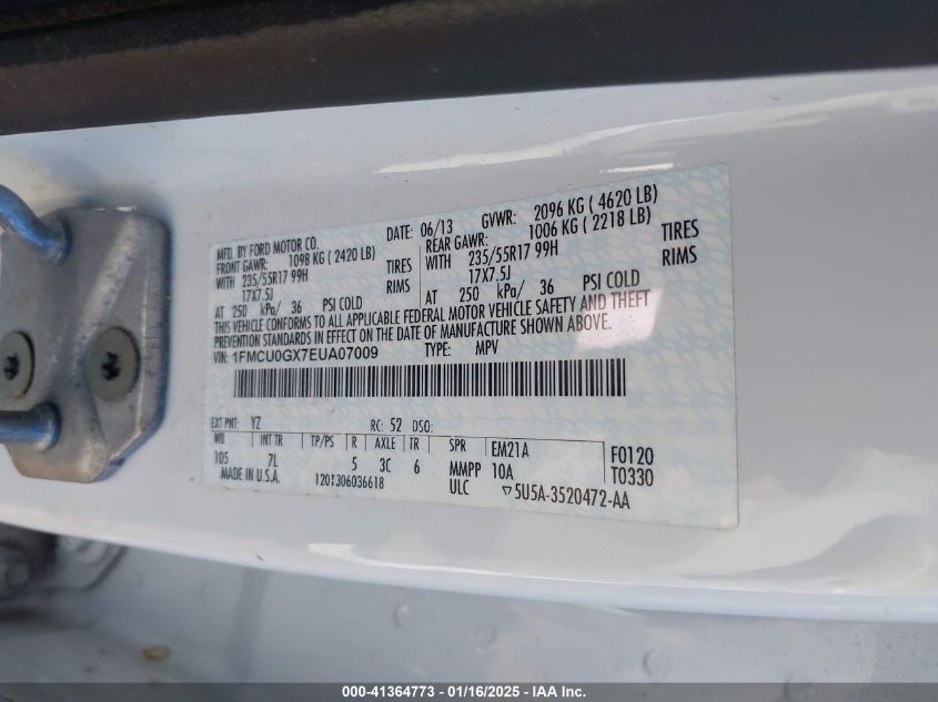 VIN 1FMCU0GX7EUA07009 2014 Ford Escape, SE no.9