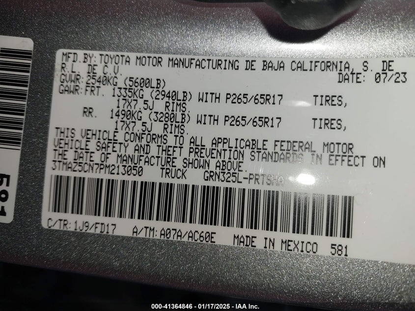 2023 TOYOTA TACOMA VIN: 3TMAZ5CN7PM213050