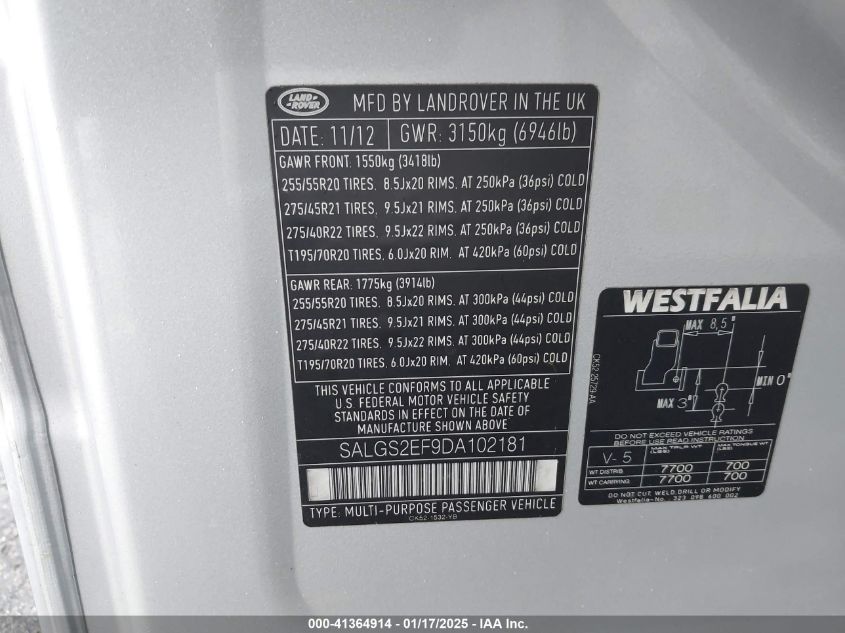 2013 Land Rover Range Rover Supercharged VIN: SALGS2EF9DA102181 Lot: 41364914