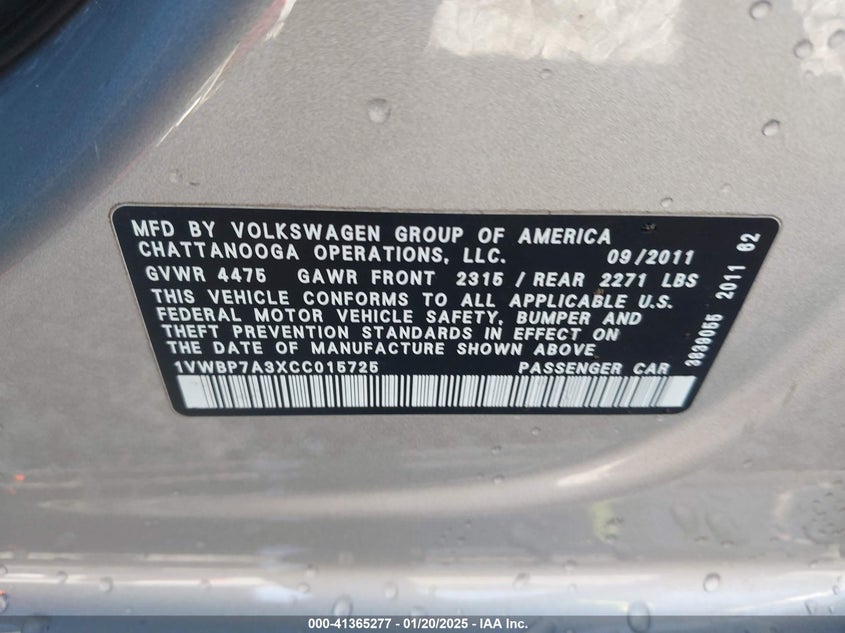 2012 VOLKSWAGEN PASSAT VIN: 1VWBP7A3XCC015725