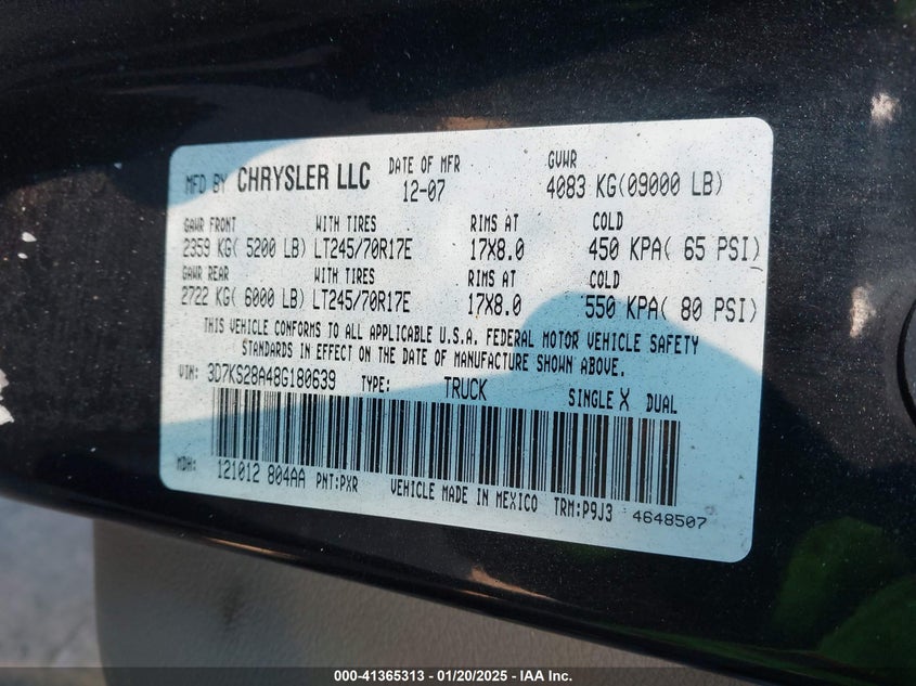 2008 DODGE RAM 2500 VIN: 3D7KS28A48G180639