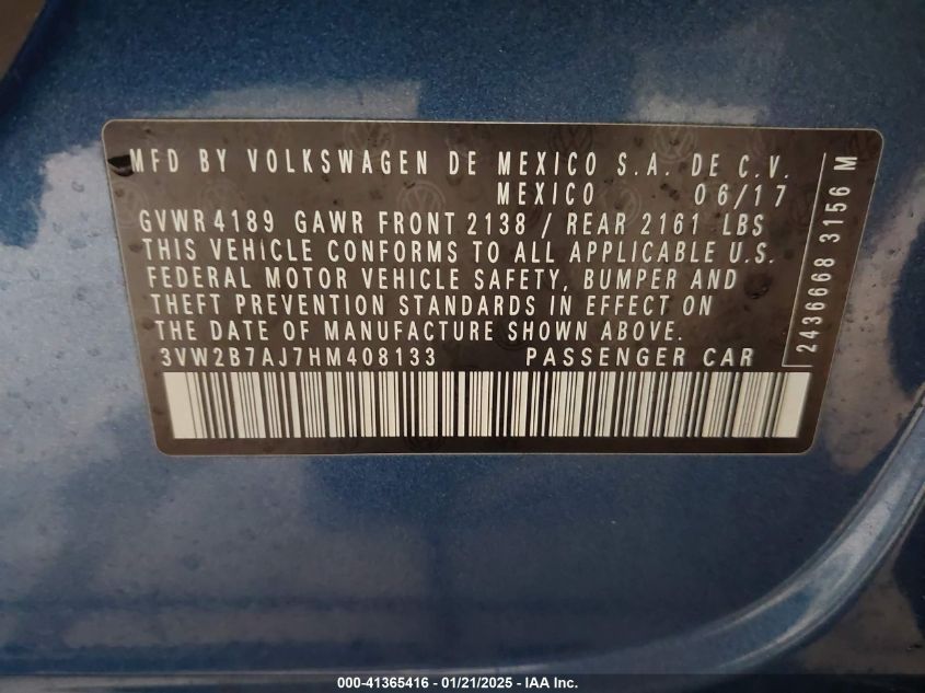 2017 Volkswagen Jetta 1.4T S VIN: 3VW2B7AJ7HM408133 Lot: 41365416
