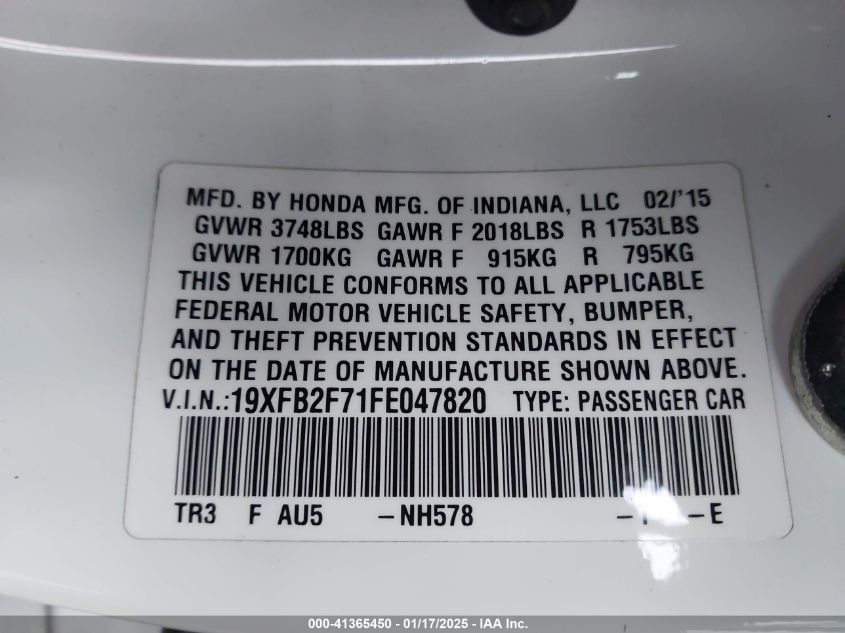 VIN 19XFB2F71FE047820 2015 HONDA CIVIC no.9