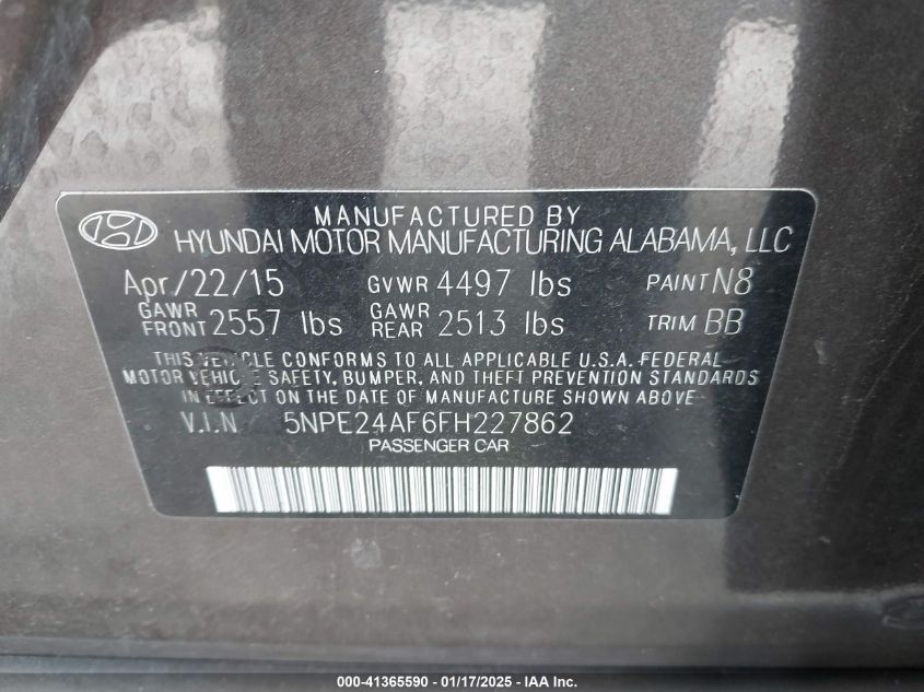 VIN 5NPE24AF6FH227862 2015 Hyundai Sonata, SE no.9