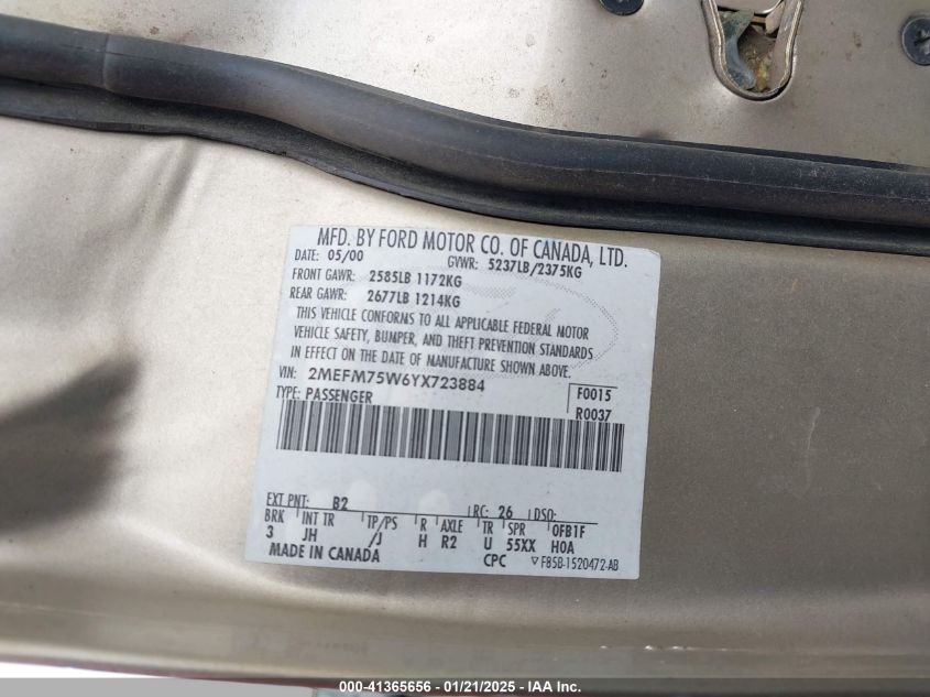 2000 Mercury Grand Marquis Ls VIN: 2MEFM75W6YX723884 Lot: 42446834