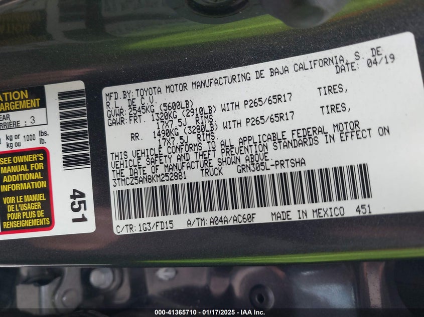 2019 TOYOTA TACOMA TRD SPORT - 3TMCZ5AN8KM252881