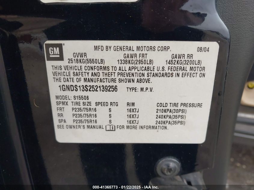 2005 Chevrolet Trailblazer Ls VIN: 1GNDS13S252139256 Lot: 41365773