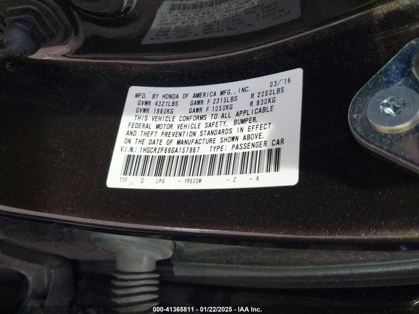 2016 HONDA ACCORD VIN: 1HGCR2F66GA157967