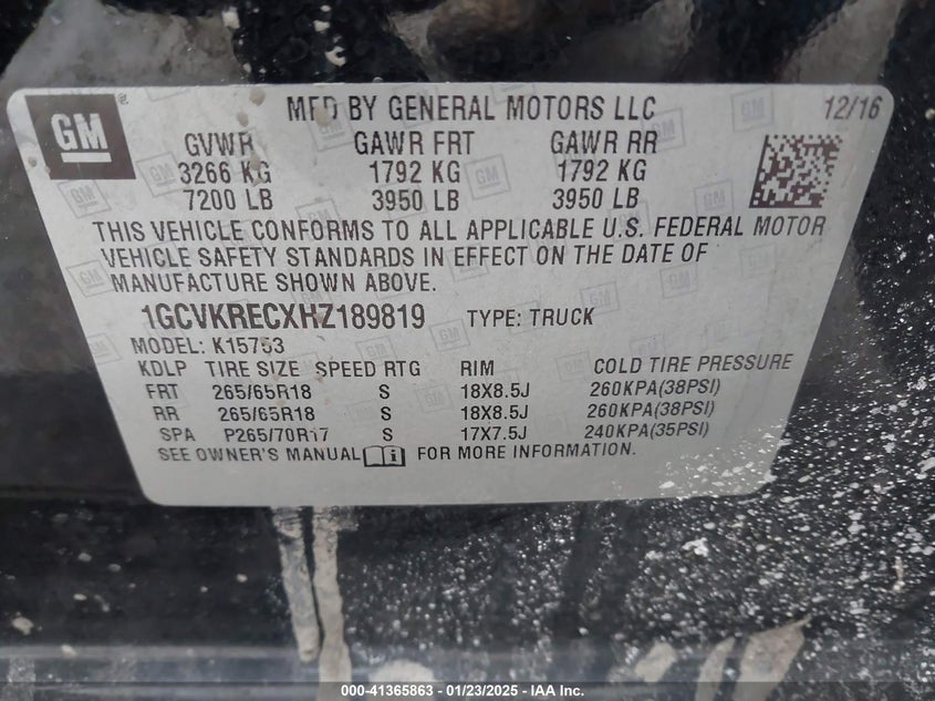 2017 CHEVROLET SILVERADO VIN: 1GCVKRECXHZ189819
