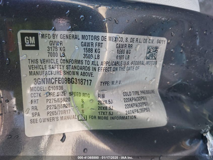 2011 Chevrolet Avalanche 1500 Lt1 VIN: 3GNMCFE08BG318717 Lot: 41365880