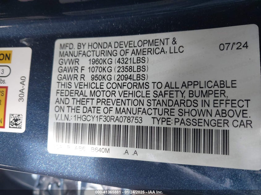 2024 HONDA ACCORD VIN: 1HGCY1F30RA078753