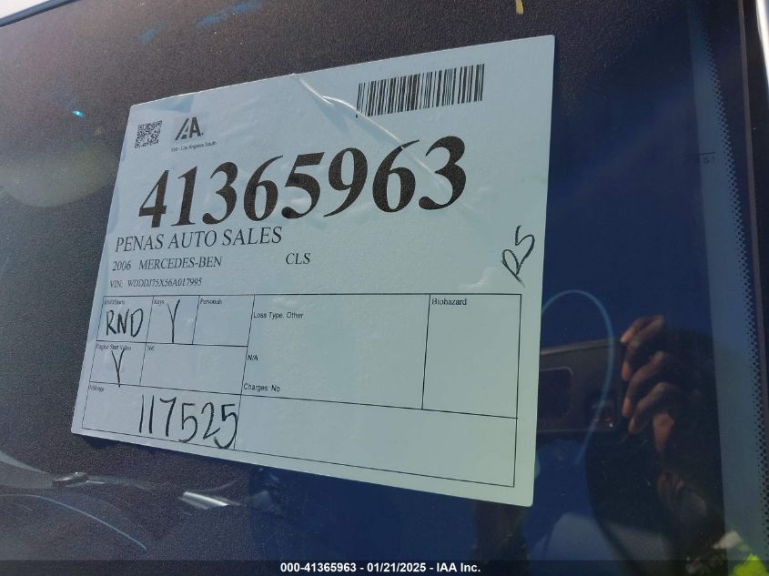 2006 Mercedes-Benz Cls 500 VIN: WDDDJ75X56A017995 Lot: 41365963