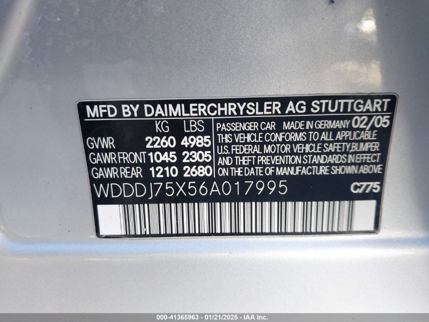 2006 Mercedes-Benz Cls 500 VIN: WDDDJ75X56A017995 Lot: 41365963