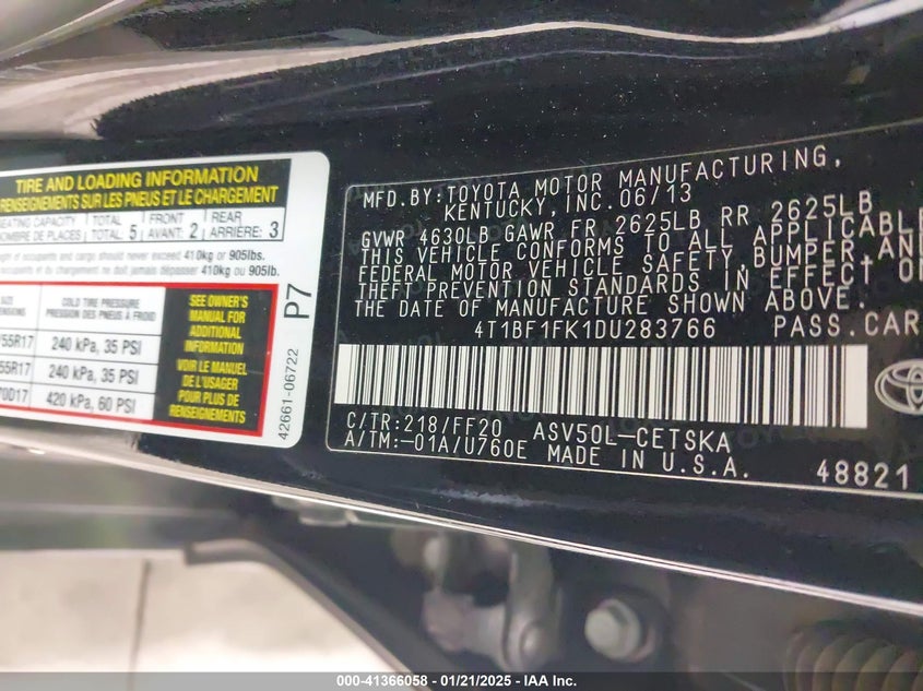 2013 TOYOTA CAMRY VIN: 4T1BF1FK1DU283766