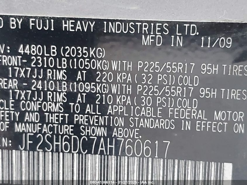 2010 Subaru Forester 2.5X Limited VIN: JF2SH6DC7AH760617 Lot: 41366114