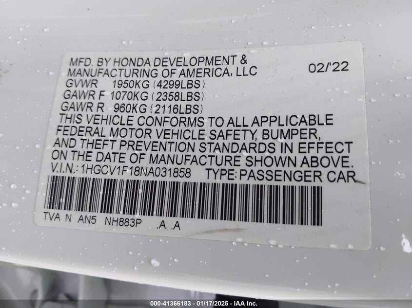 2022 HONDA ACCORD VIN: 1HGCV1F18NA031858