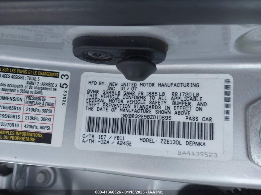 2008 TOYOTA COROLLA VIN: 1NXBR32E98Z010695