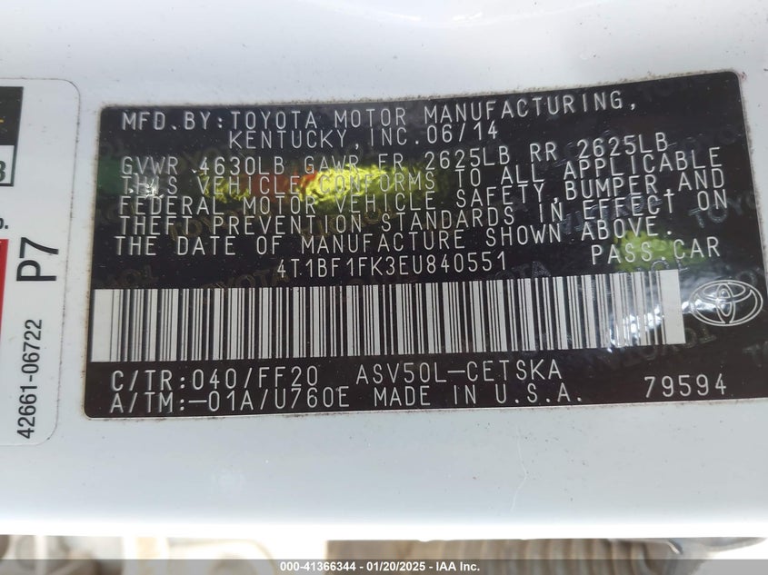 2014 TOYOTA CAMRY VIN: 4T1BF1FK3EU840551