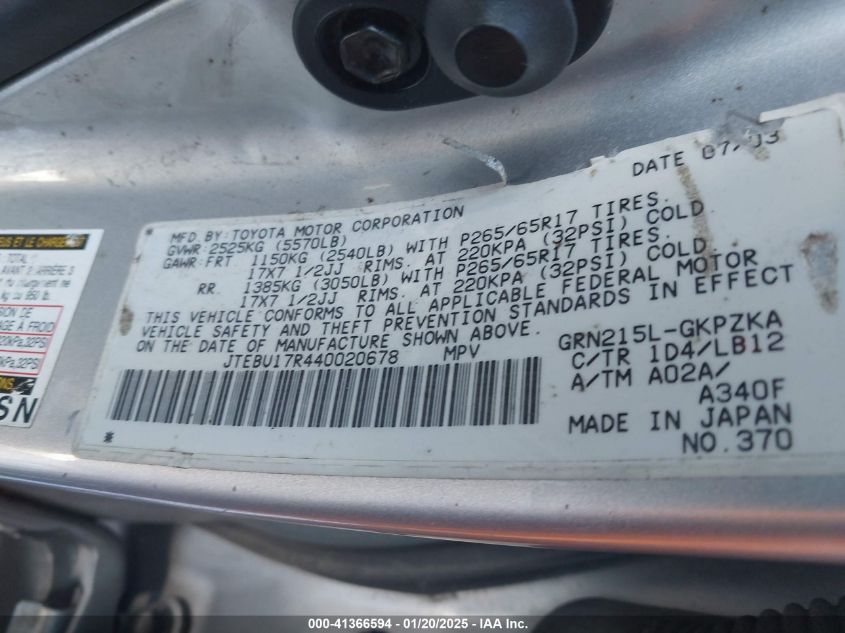 2004 Toyota 4Runner Limited V6 VIN: JTEBU17R440020678 Lot: 41366594