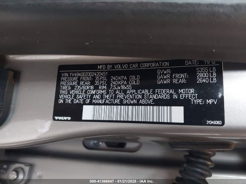 2013 Volvo Xc60 3.2 Premier VIN: YV4940DZ0D2420451 Lot: 41366847