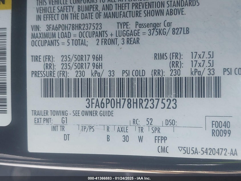 2017 FORD FUSION VIN: 3FA6P0H78HR237523