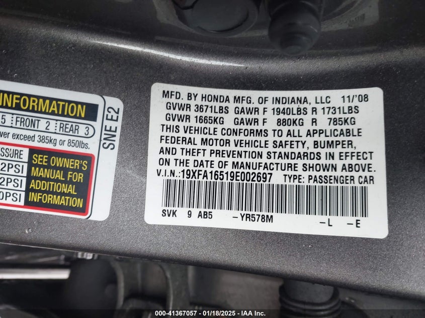 2009 HONDA CIVIC VIN: 19XFA16519E002697