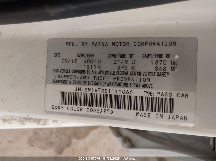 2014 MAZDA 3 VIN: JM1BM1V7XE1111066