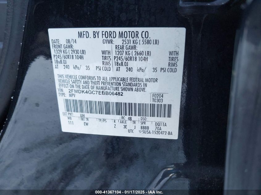 VIN 2FMDK4GC7EBB06482 2014 FORD EDGE no.9