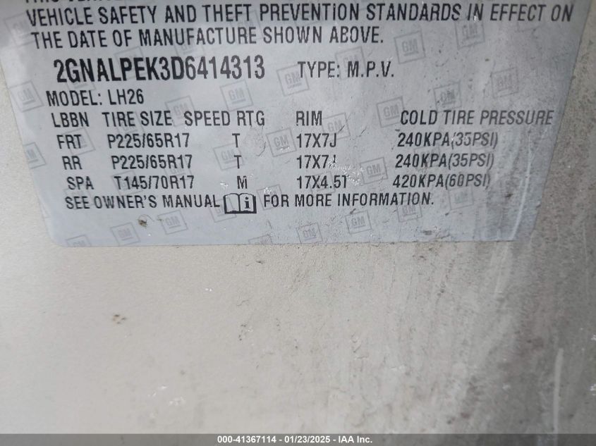 2013 Chevrolet Equinox 2Lt VIN: 2GNALPEK3D6414313 Lot: 41367114