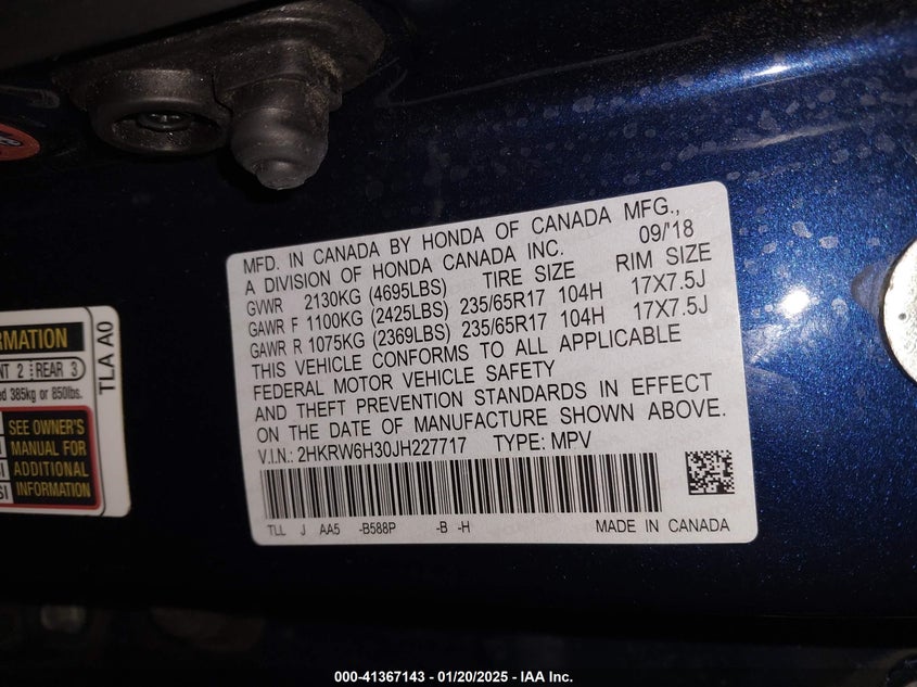2018 HONDA CR-V VIN: 2HKRW6H30JH227717