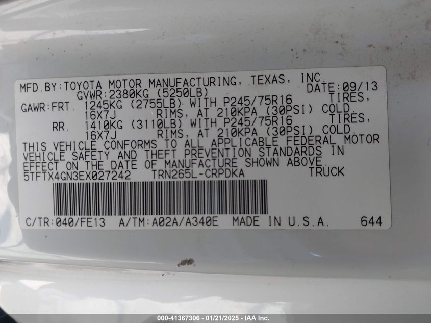 2014 TOYOTA TACOMA VIN: 5TFTX4GN3EX027242