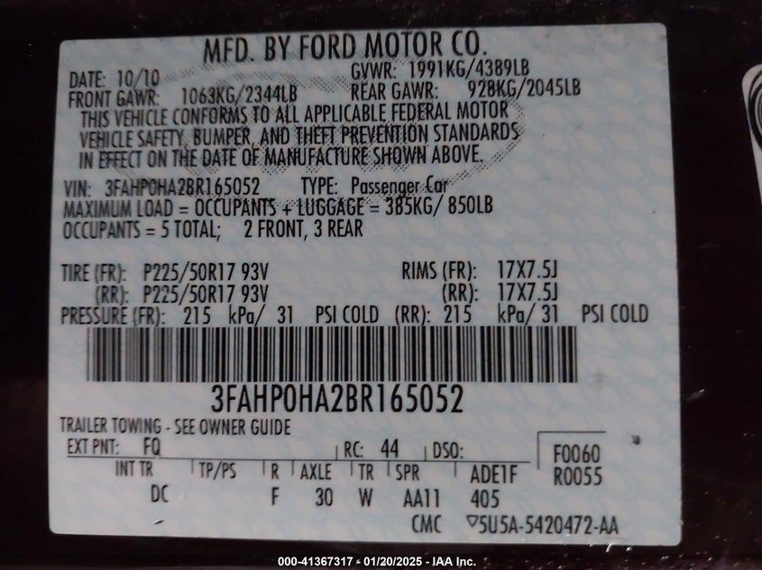 2011 FORD FUSION VIN: 3FAHP0HA2BR165052
